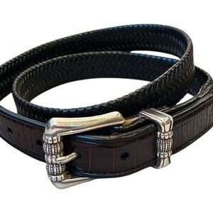 Brighton Silver Buckle with Brown & Black Leather Belt Braided Western Large